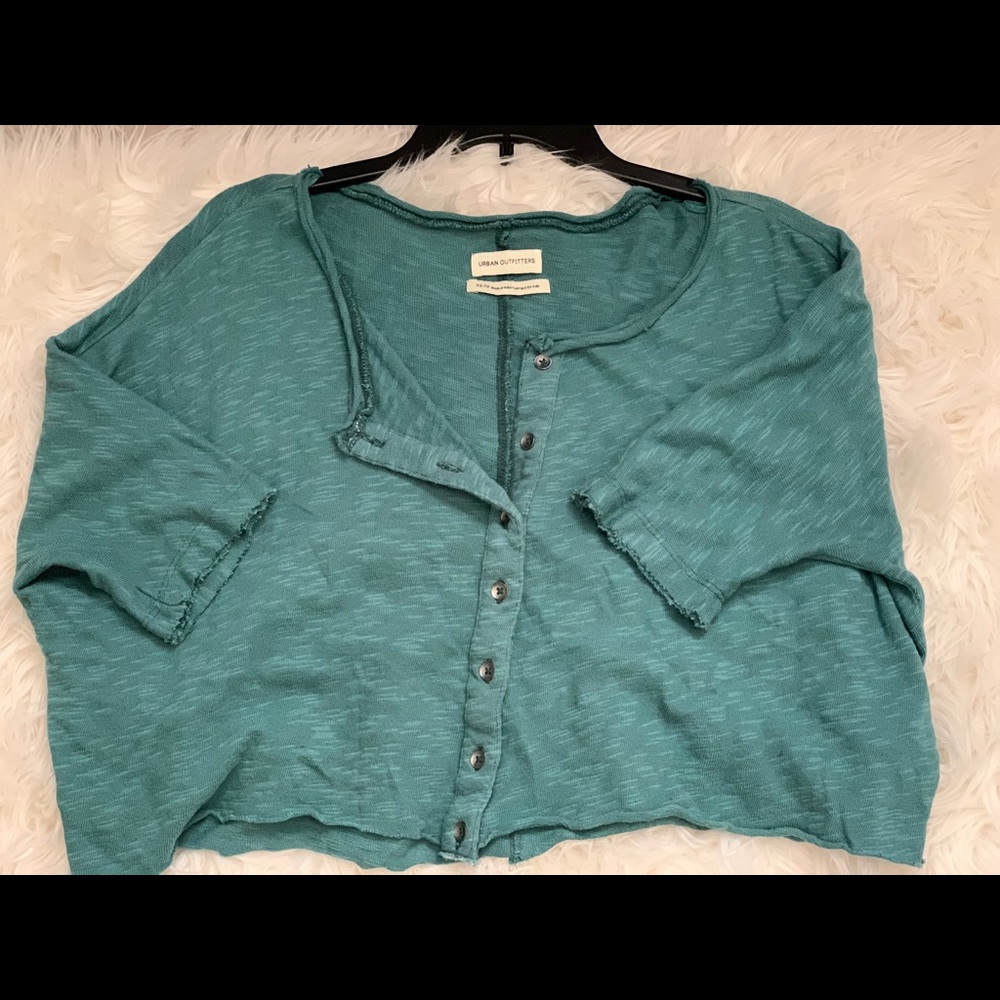 Blue short sleeve button up tee